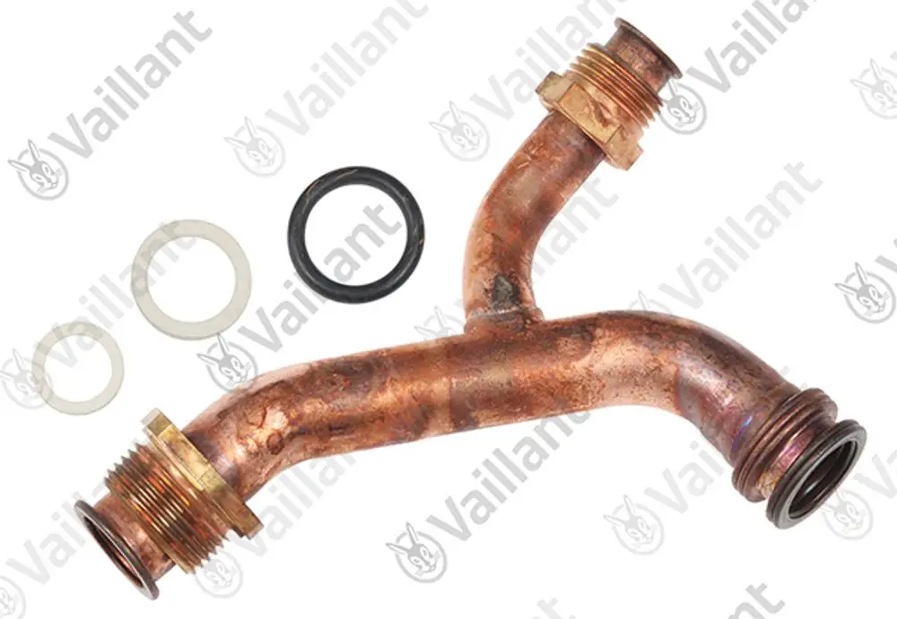 Kupferrohr mit zwei Anschlussgewinden und dazugehörigen O-Ringen, geeignet für Vaillant Heizsysteme.